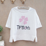 夏新韩版TFBOYS宽松短款短袖T恤女学生闺蜜装大童四叶草同款衣服