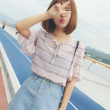 iFashion甜心2016夏新品韩版短袖荷叶边系带雪纺衫衬衣打底衫女