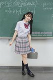 独家正统日本JK学生校服 白色衬衫粉色制服格子裙领结套装