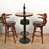 美式复古做旧实木可旋转酒吧咖啡厅高靠背高脚吧椅圆吧台桌椅组合