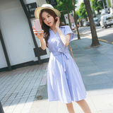 2016夏季新款韩版高腰系带V领蓝色条纹连衣裙女修身短袖a字裙中裙