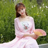 改良汉服女古装夏日常中国风绣花拼接蕾丝七分喇叭袖连衣裙仙女装
