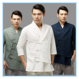 中式原创改良汉服男士棉麻休闲宽松型三扣不对称禅修上衣复古茶服