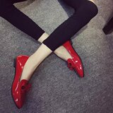 2016春季新款单鞋女平底尖头小皮鞋平跟鞋甜美浅口蝴蝶结红色女鞋
