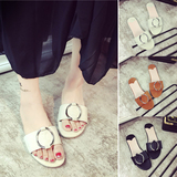 2016新款夏季韩版金属方扣粗跟拖鞋女中跟时尚室外穿一字拖女潮流