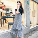 2016夏季新款韩国代购修身条纹印花雪纺无袖蛋糕裙吊带连衣裙长裙