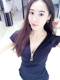 蘑菇街t恤女短袖黑色体恤修身韩版蕾丝衫夜店女装夏2016性感上衣