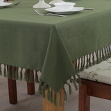 欣然之家纯色桌布布艺棉麻墨绿西餐桌椅垫套装简约流苏茶几台布