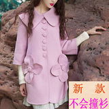 2016秋季韩版女装外套大领立体花朵七分袖双面呢甜美大衣毛呢外套