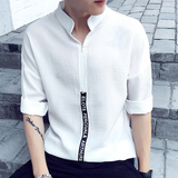 夏季男士亚麻短袖衬衫韩版青年修身七分袖纯色衬衣男时尚薄款立领
