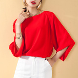韩版2016夏装新款女圆领红色上衣七分灯笼袖喇叭袖宽松百搭雪纺衫