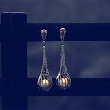 韩国正品现货 复古宫廷大牌时尚银针珍珠水滴形黑色长款耳环耳钉