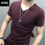 GXG Dream男士短袖T恤夏季青少年修身韩版V领纯色上衣打底POLO衫