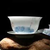 景德镇青花瓷手绘盖碗 茶杯粉彩荷花三才杯 釉下彩功夫茶碗茶具