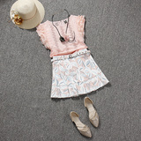 欧洲站2016夏装新款欧货潮套装女甜美圆领上衣中腰印花短裙两件套