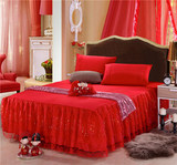 结婚庆蕾丝床裙大红床罩单件1.5m/1.8m床套席梦思保护套防滑床笠