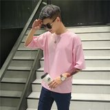 韩版男女bf原宿风T恤韩国潮流宽松七分袖粉色半截袖7分短袖上衣服