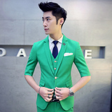 2016韩式修身绿色西服套装夜店男白色青年外套酒吧二件套男西装潮