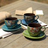 出口正品釉下彩手绘陶瓷杯碟-卡布奇诺咖啡--复古欧式绣球花