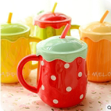 可爱水果创意水杯大容量马克杯带盖勺吸管陶瓷杯子个性情侣咖啡杯