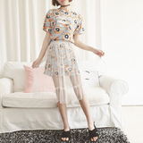 2016夏装新款韩国甜美花朵字母中长款T恤裙+网纱半身裙套装连衣裙