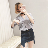 2016夏季新款韩版女装蓝白条纹拼接V领衬衫五分袖口袋系扣衬衣女