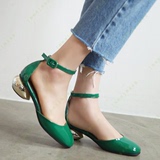 韩国代购正品女鞋2016春季新款欧美漆皮亮面一字带粗高跟单鞋绿色