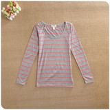 春季细横条纹圆领长袖T恤 女韩版修身显瘦舒适针织弹力打底衫B991