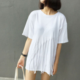 2016夏装女装新款纯白不规则短袖T恤裙韩版宽松个性中长款体恤潮