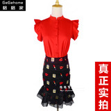 MIUCO女装2016夏季新款花边袖红色上衣+红唇印花包臀鱼尾半裙套装