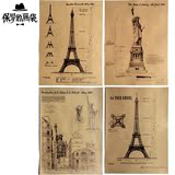 巴黎铁塔设计图纸 自由女神设计图纸 牛皮纸复古建筑图纸装饰画