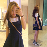 韩国代购进口2016夏装重返校园青色时尚抹胸微褶牛仔吊带连衣裙