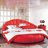 红色婚床双人床 落地床牛皮床 双人圆床 2米真皮床 卧室床铺喜庆