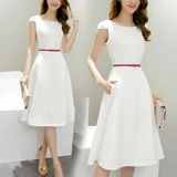 2016夏季新款韩版女装修身雪纺短袖连衣裙系带收腰中长款白色裙子