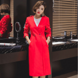 包邮2016秋装新 韩版百搭OL职业女装红色中长款长袖薄款风衣外套