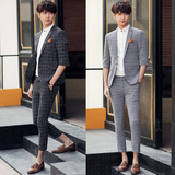 2016夏款韩版男装修身中袖西服九分裤套装 暗格西服套装TZ10-P195