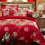 天丝提花纯棉婚庆四件套大红贡缎绣花全棉床上用品床单被套1.8m床