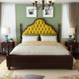 御奢 美式乡村床全实木1.8米双人床简美油蜡真皮复古橡木卧室家具