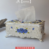 经典欧式纸巾盒银白蓝花餐巾纸盒金属抽纸盒家居装饰品适用200抽