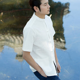 中国风唐装男士棉麻T恤短袖纯色亚麻衬衫复古男装中式亚麻布衣服