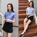 韩国衬衫2016春装新款女装打底牛仔衬衫女短袖纯棉牛仔衬衣女修身