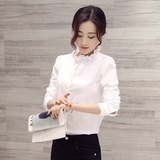 2016春款新款韩版修身上衣加绒立领白衬衫女长袖纯棉衬衣女打底衫