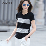 艾米Amii女装旗舰店2016夏装新款条纹修身大码短袖T恤女上衣体恤