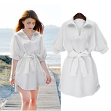夏季新款女装V领收腰雪纺衬衫连衣裙中长款宽松显瘦白色衬衣裙子