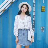 夏季时尚碎花雪纺上衣 韩版女装夏装新款宽松显瘦V领印花长袖衬衫