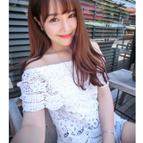 2016夏季新款日系女装一字领性感露肩镂空蕾丝衫上衣白色百搭显瘦