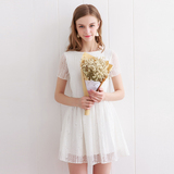 欧根纱白色收腰连衣裙夏季中长款气质小公主纯色简约时尚短袖显瘦