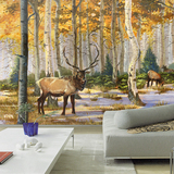 田园风格手绘油画风景森林麋鹿墙纸电视客厅卧室沙发背景墙壁纸