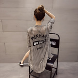 2016夏装新款韩版潮格子字母中长款衬衫女超薄雪纺开衫防晒衫衬衣