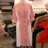 韩国东大门2016夏装女式款新品拼接长袖衬衫中长款条纹宽松连衣裙